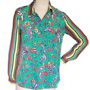 DURO OLOWU Mixed Floral & Striped Pleated Button Down Shirt S #164C
